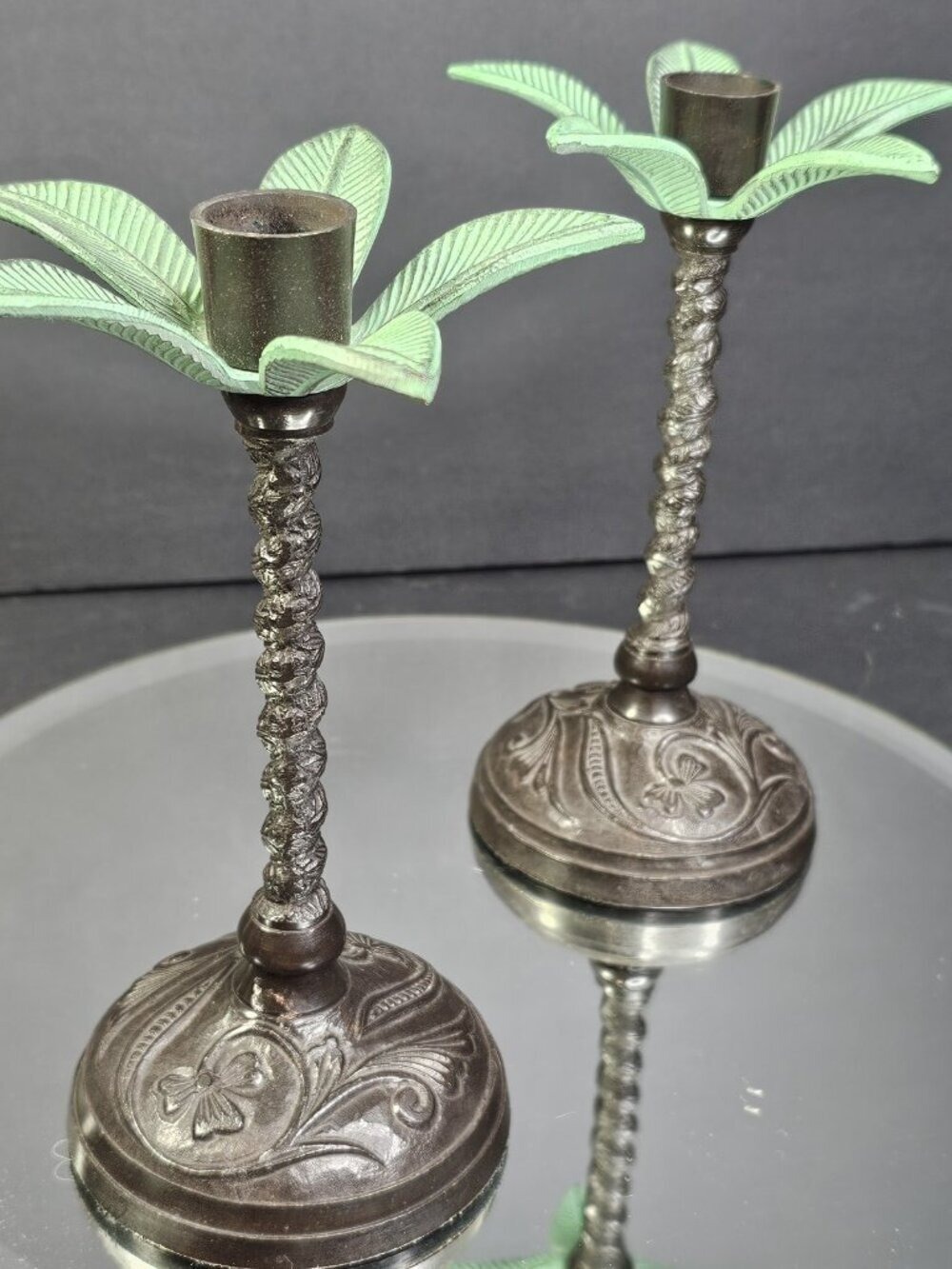 Vintage Palm Tree Brass Metal Candlestick Holders Pair, Made in India, 7" Tall